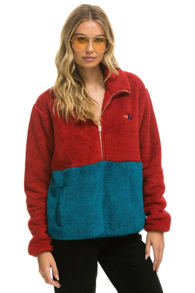 WomenMen Teddy Jackets Aviator Nation Teddy Unisex Half Zip Color Block Jacket 8211 Cherry