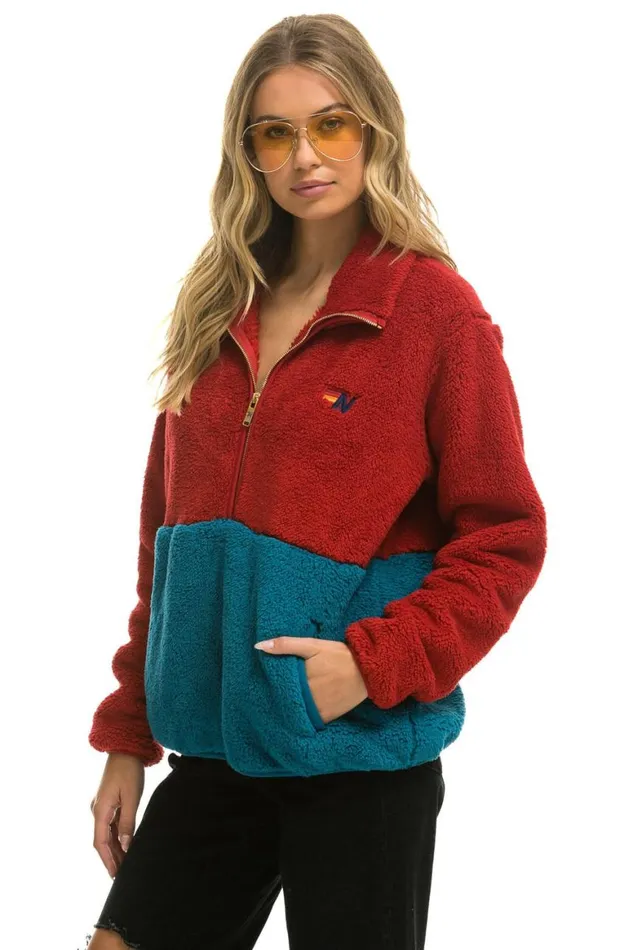 WomenMen Teddy Jackets Aviator Nation Teddy Unisex Half Zip Color Block Jacket 8211 Cherry