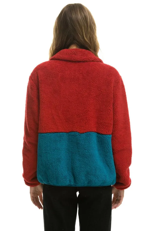 WomenMen Teddy Jackets Aviator Nation Teddy Unisex Half Zip Color Block Jacket 8211 Cherry