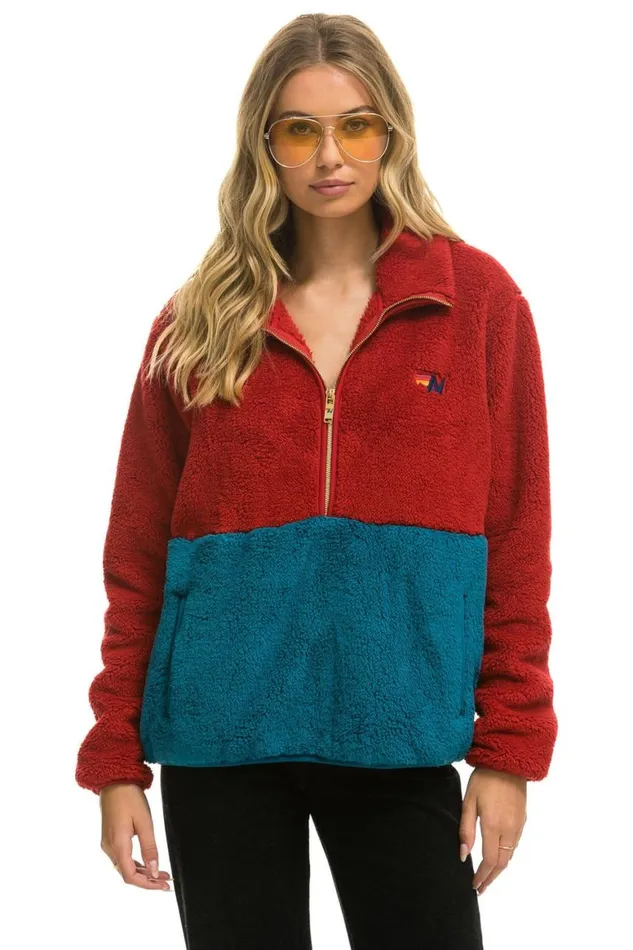 WomenMen Teddy Jackets Aviator Nation Teddy Unisex Half Zip Color Block Jacket 8211 Cherry