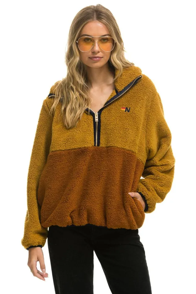 WomenMen Teddy Jackets Aviator Nation Teddy Unisex Hooded Half Zip Color Block Jacket 8211 Honey