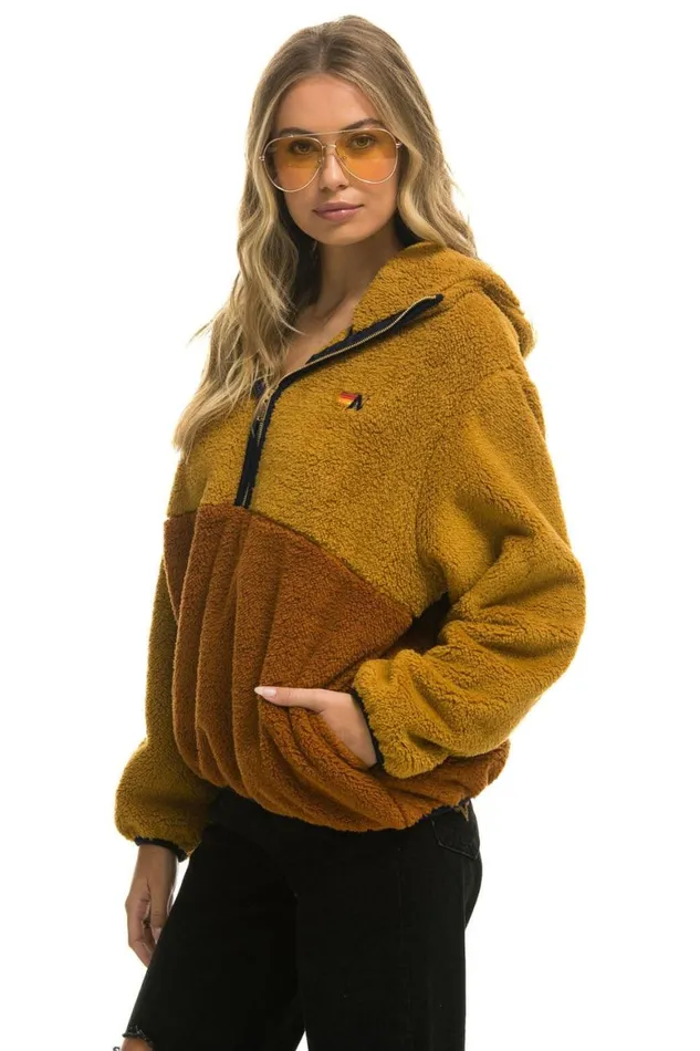 WomenMen Teddy Jackets Aviator Nation Teddy Unisex Hooded Half Zip Color Block Jacket 8211 Honey
