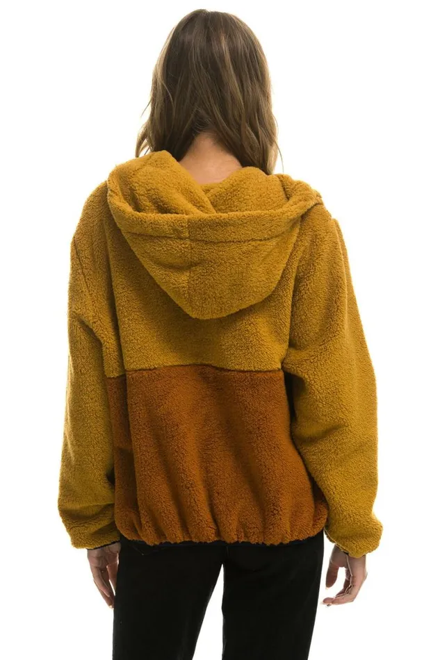 WomenMen Teddy Jackets Aviator Nation Teddy Unisex Hooded Half Zip Color Block Jacket 8211 Honey