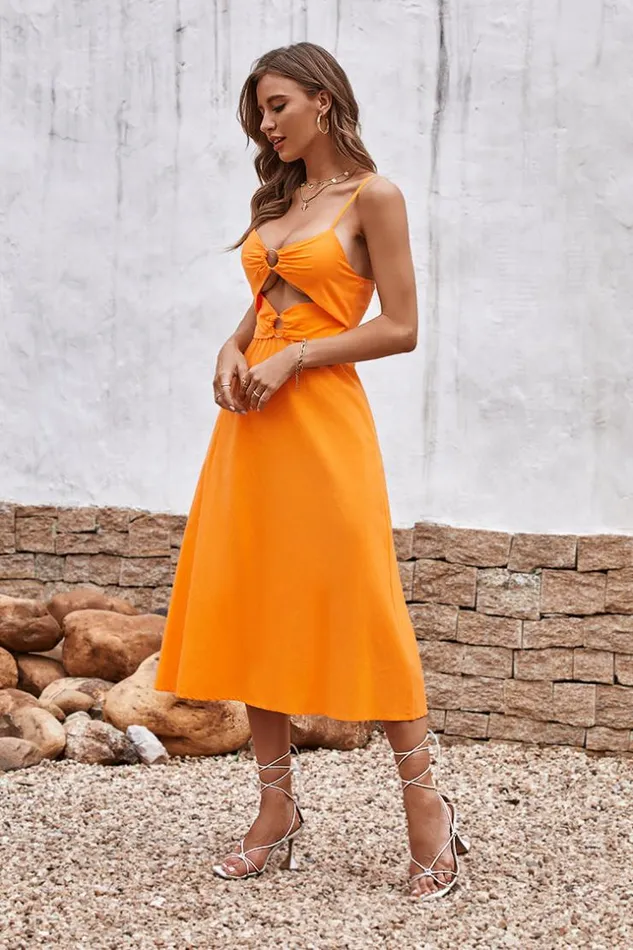 Women Midi Dresses Cupshe Alma Beach Cut Out Elastic Waist Backless AShape Dress Orange