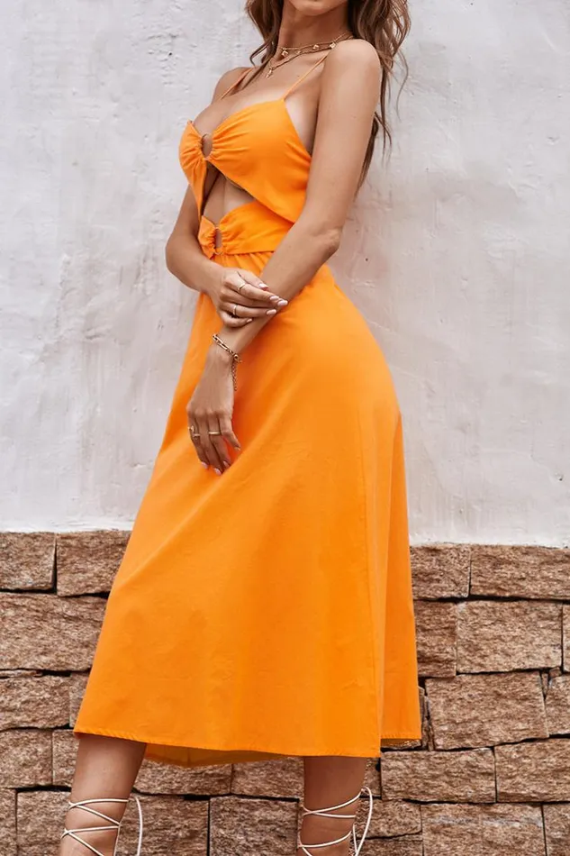 Women Midi Dresses Cupshe Alma Beach Cut Out Elastic Waist Backless AShape Dress Orange
