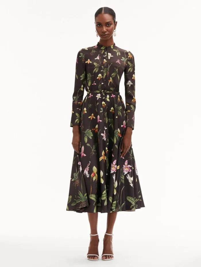 Women Orchid Silk Twill Dress Brown Multi Oscar De La Renta Dresses Women Orchid Silk Twill Dress Brown Multi Oscar De La Renta Dresses