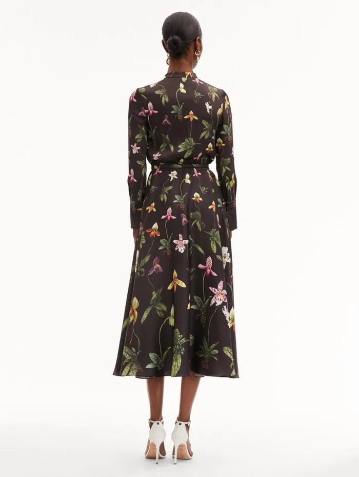 Women Orchid Silk Twill Dress Brown Multi Oscar De La Renta Dresses Women Orchid Silk Twill Dress Brown Multi Oscar De La Renta Dresses