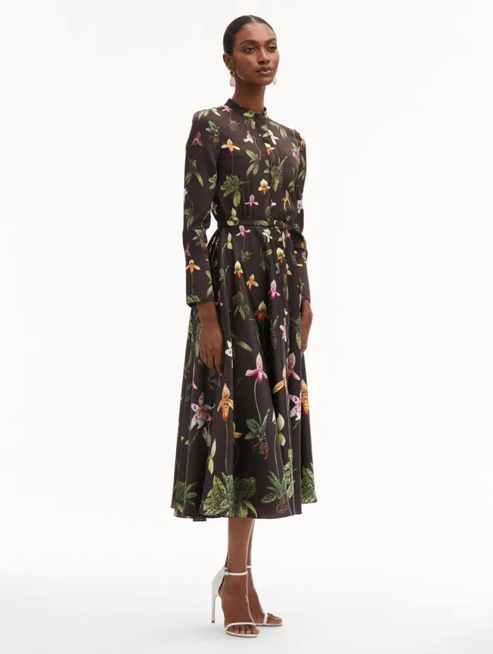 Women Orchid Silk Twill Dress Brown Multi Oscar De La Renta Dresses Women Orchid Silk Twill Dress Brown Multi Oscar De La Renta Dresses