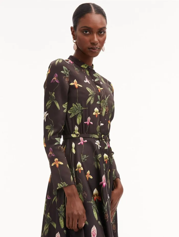 Women Orchid Silk Twill Dress Brown Multi Oscar De La Renta Dresses Women Orchid Silk Twill Dress Brown Multi Oscar De La Renta Dresses