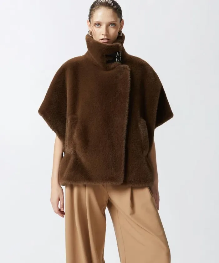 Women Outerwear Pinko Cape Coat In Minkeffect Faux Fur Beigeintense