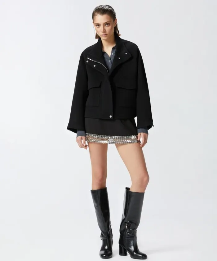 Women Outerwear Pinko Short Doublelayered Cloth Coat With High Neck Limo Black Women Outerwear Pinko Short Doublelayered Cloth Coat With High Neck Limo Black