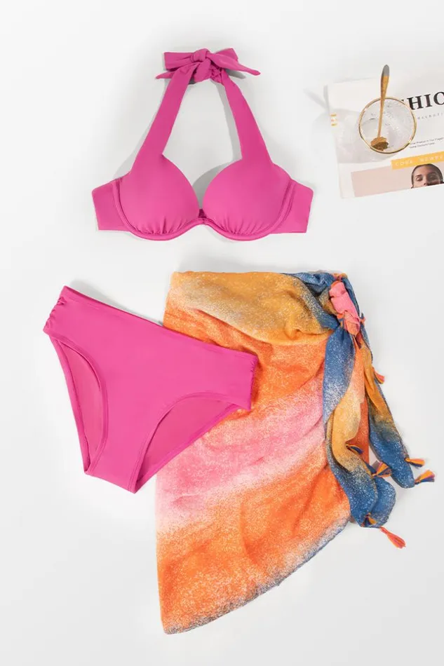 Women Sarong and Skirts Cupshe Halter 3 Piece Swimsuit Saraong Set Multicolor