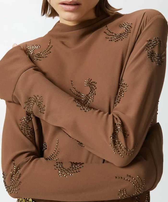 Women Shirts And Blouses Pinko Georgette Blouse With Rhinestone Swirls Brownpine Cone Women Shirts And Blouses Pinko Georgette Blouse With Rhinestone Swirls Brownpine Cone