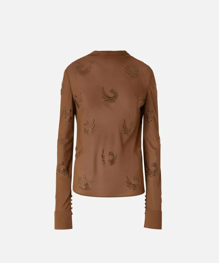 Women Shirts And Blouses Pinko Georgette Blouse With Rhinestone Swirls Brownpine Cone Women Shirts And Blouses Pinko Georgette Blouse With Rhinestone Swirls Brownpine Cone