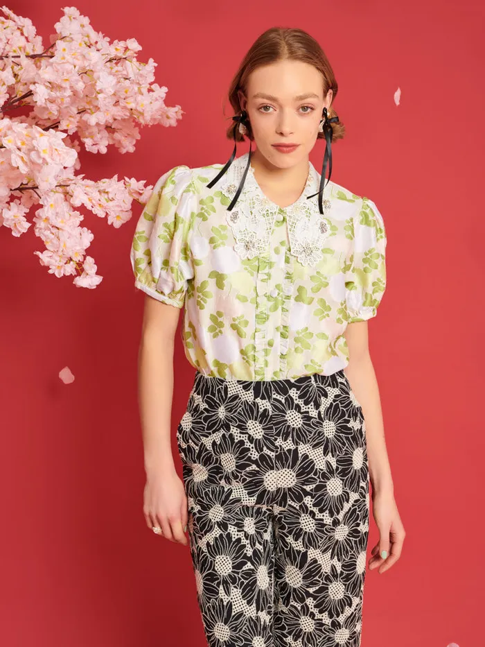 Women Sister Jane Tops DREAM Picnic Jacquard Blouse Pastel Green U0026 Ivory