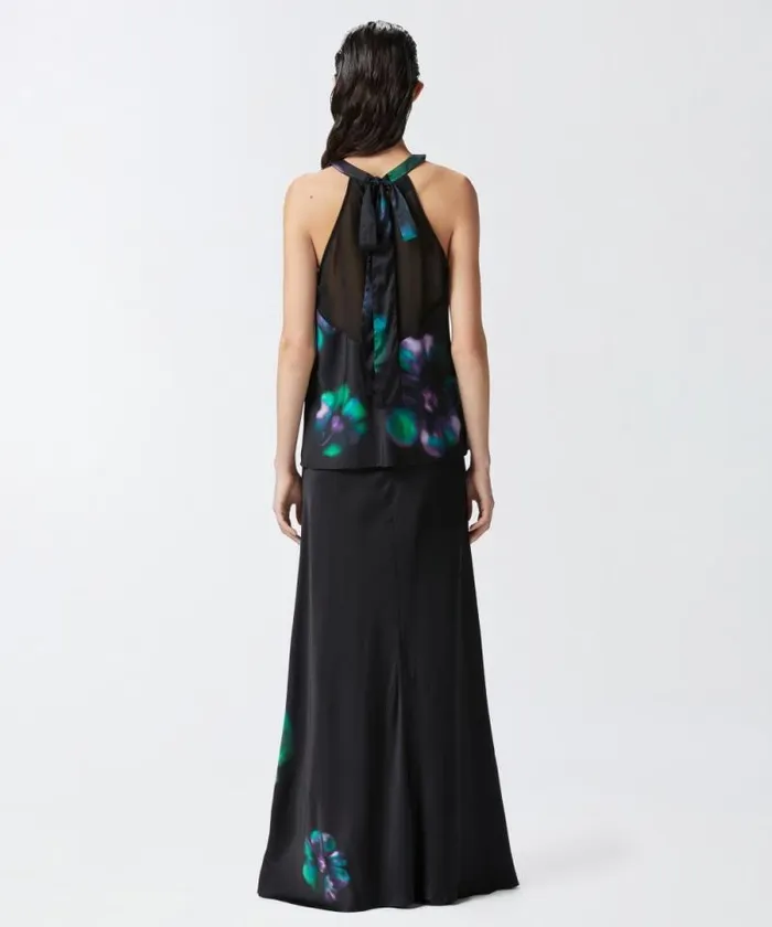 Women Skirts Pinko Long Satin Skirt With Floral Print Blackgreen Women Skirts Pinko Long Satin Skirt With Floral Print Blackgreen