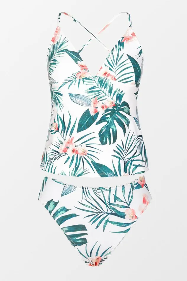 Women Tankini Cupshe Paradise Tropics Tankini And Merrow Edge Hipster Set Multicolor