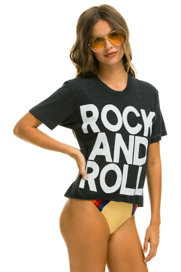 Women Tees Aviator Nation Rock And Roll Boyfriend Tee 8211 Charcoal